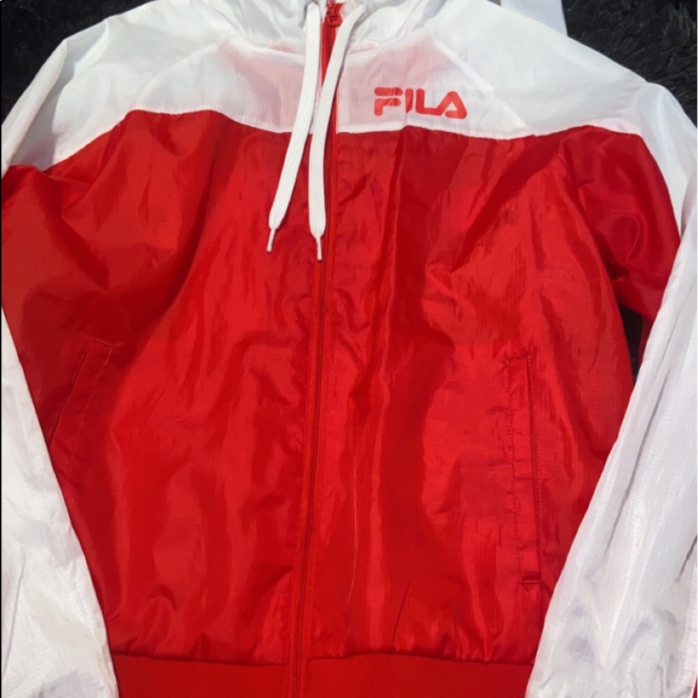 white and red fila windbreaker